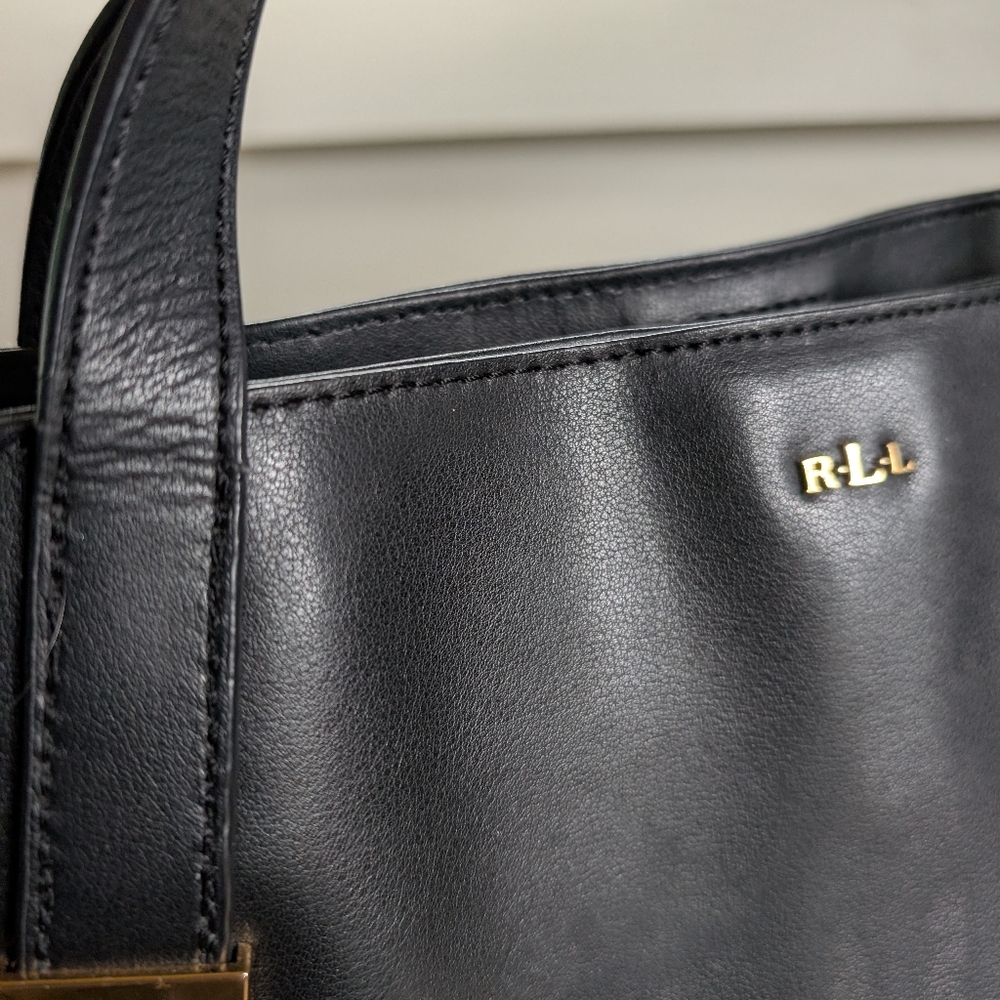 Lauren Ralph Lauren Handbag Large Tote Black And Taupe Gold Zipper And Feet - Picture 5 of 7